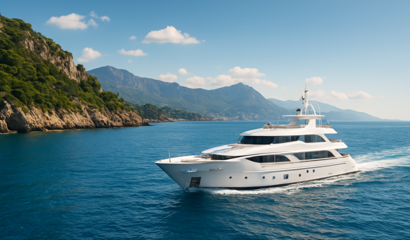 Luxurious yacht cruising in clear blue water near mountainous coastline