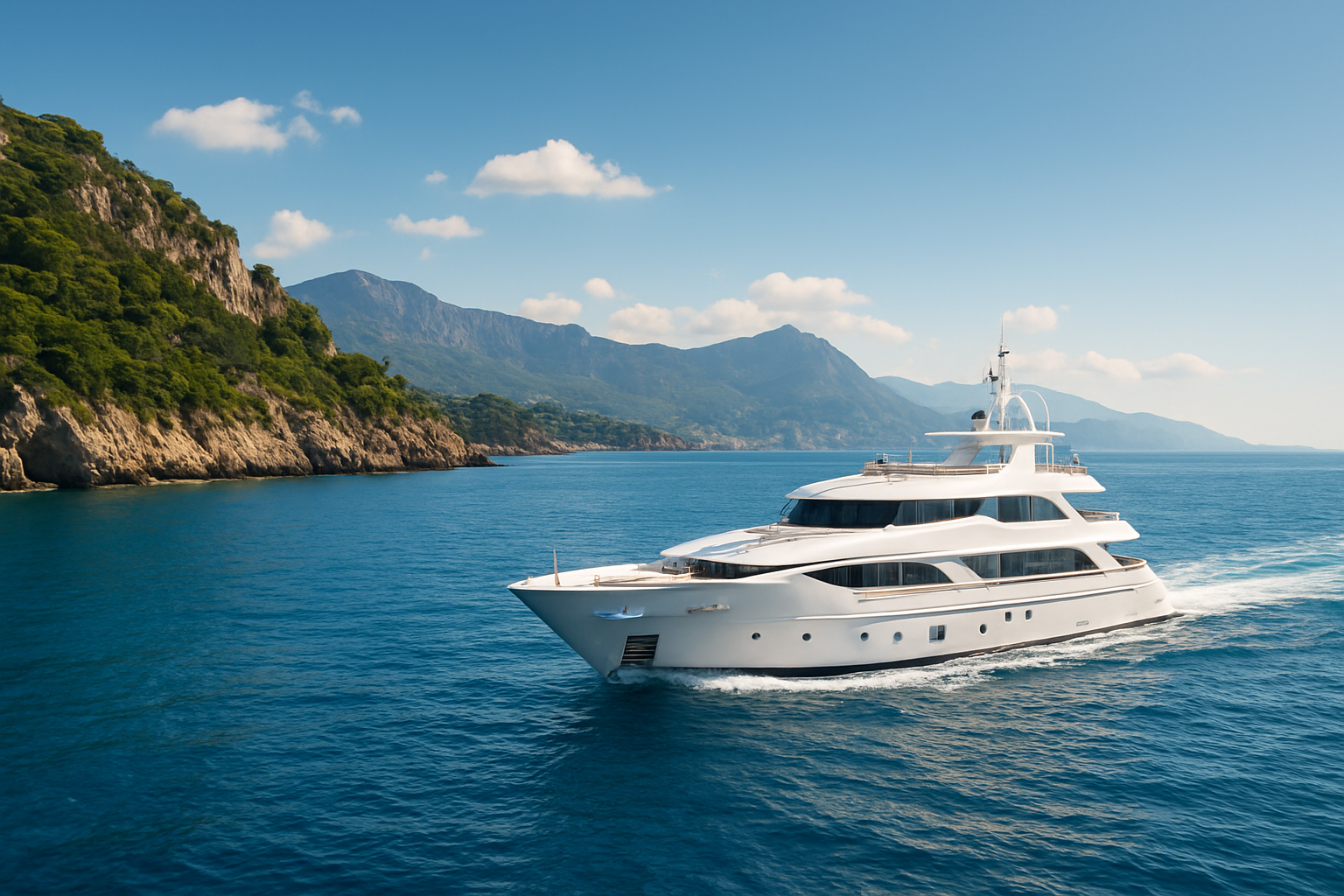Luxurious yacht cruising in clear blue water near mountainous coastline