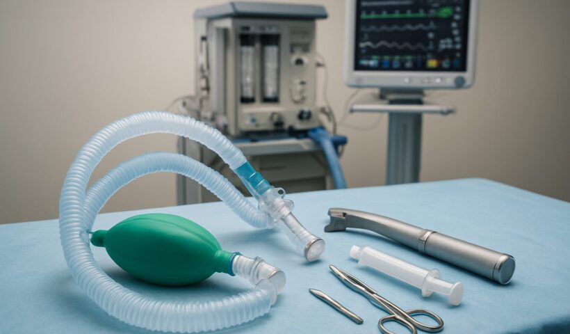 Anesthesia equipment including a bag-valve mask, breathing tubes, and surgical tools arranged on a table in a medical se