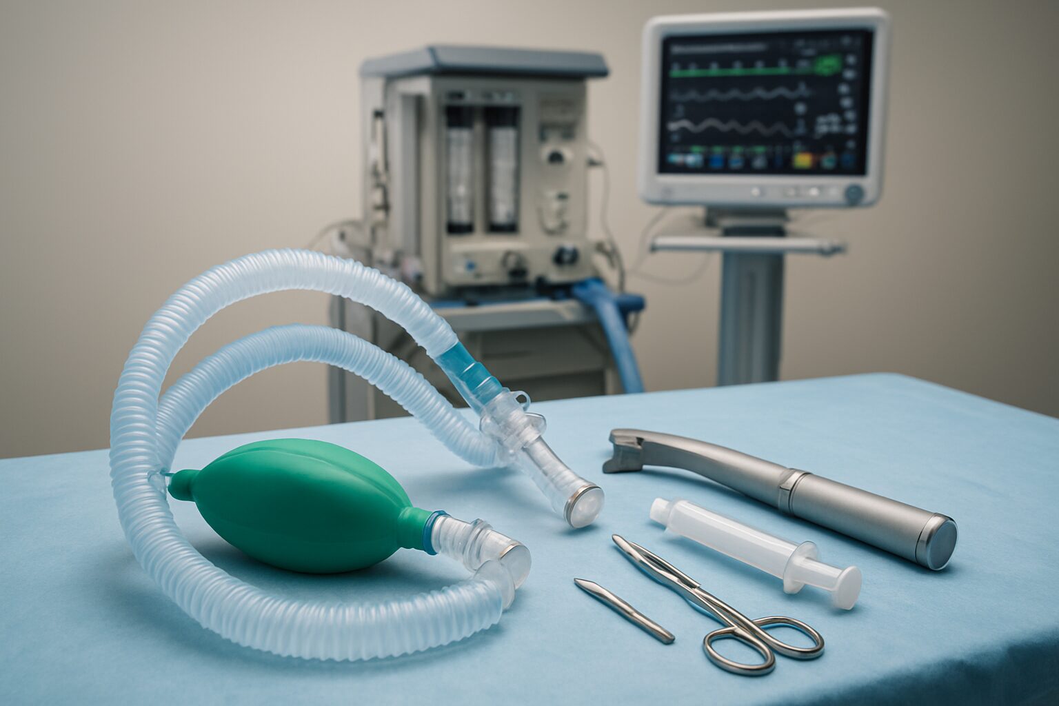 Anesthesia equipment including a bag-valve mask, breathing tubes, and surgical tools arranged on a table in a medical se